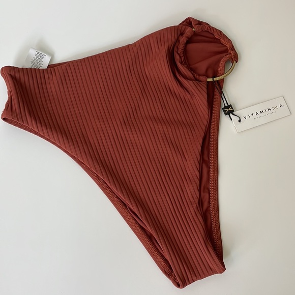 NWT Vitamin A LOLITA brown ribbed ring high leg highrise swim bikini bottoms 6 S - Picture 5 of 13